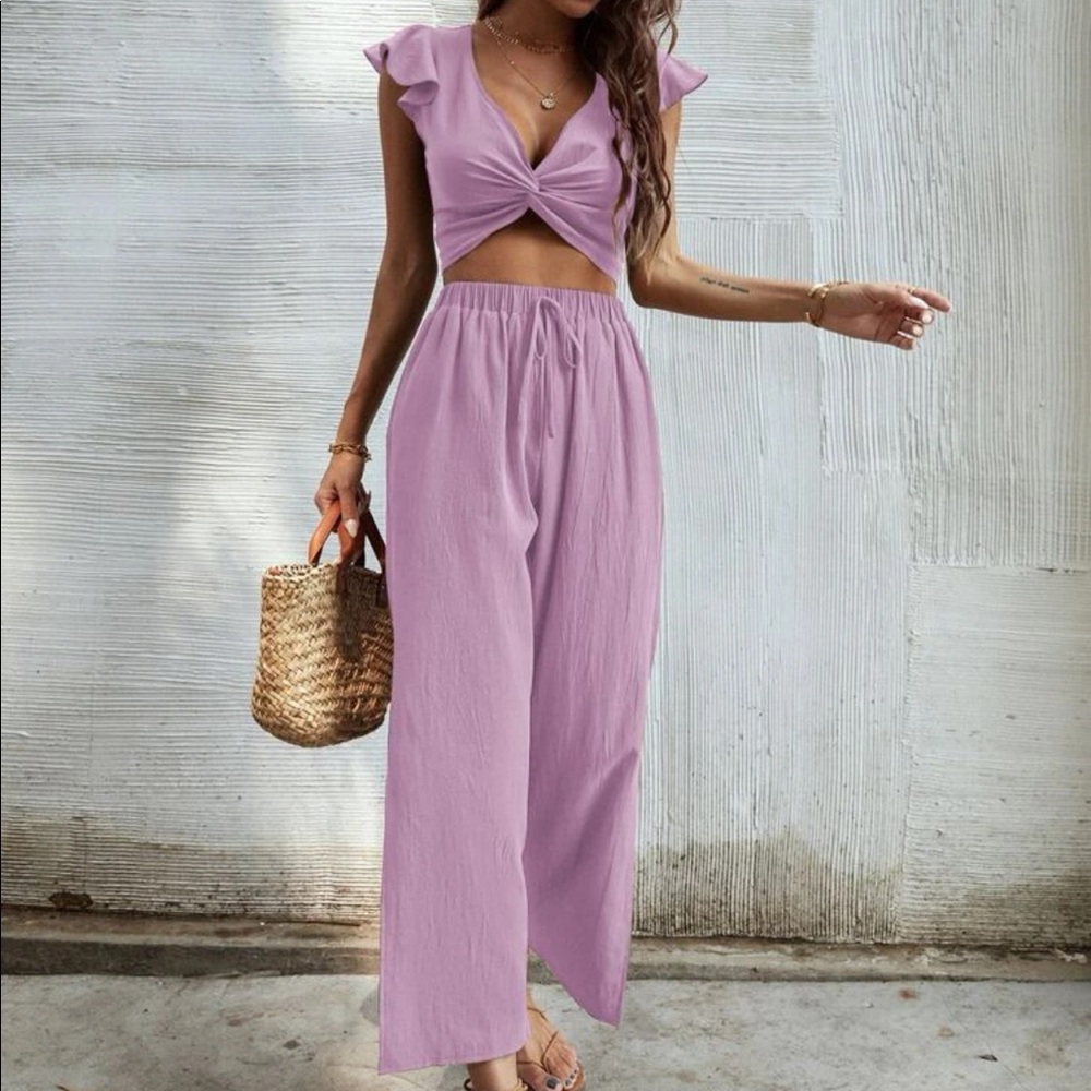 BOGO: Twist Bust Shirred Back Top With Wide Leg Pants